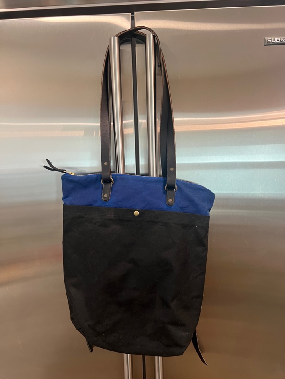 Klum House Canvas Two-Tone Black and Blue Tote with Leather Straps.